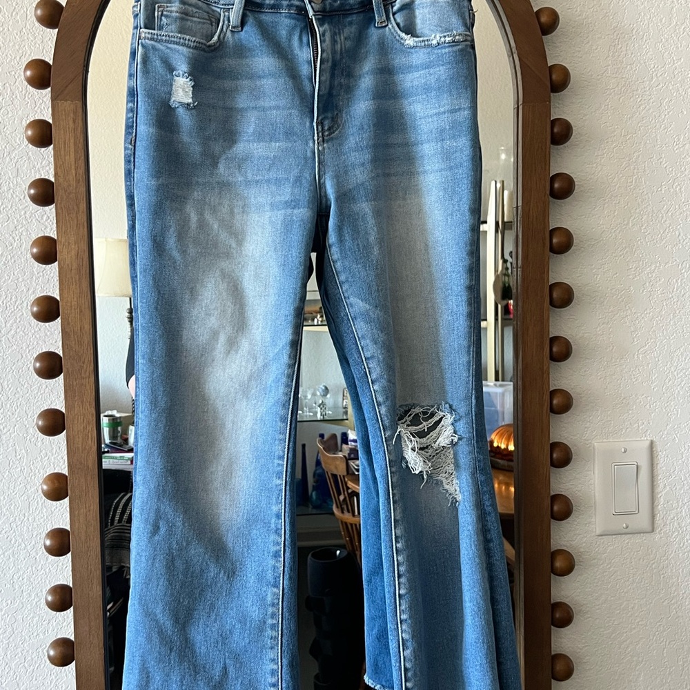 Trendy Distressed Blue Flare Jeans
